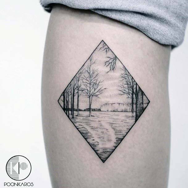 Geometric Framed Lakeside Scene Tattoo Womens Thighs