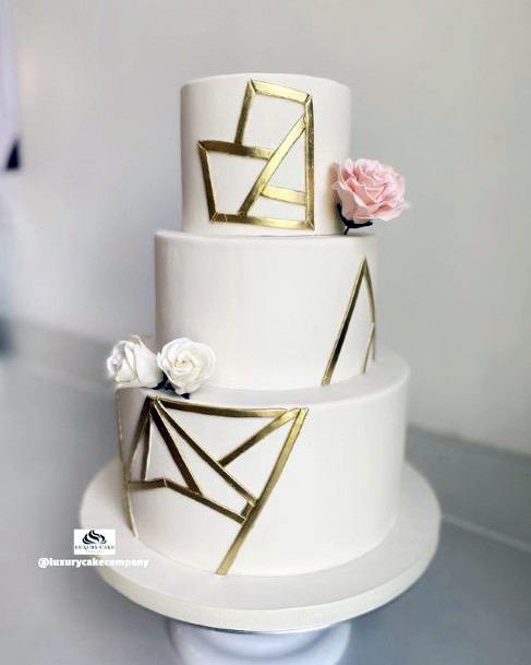 Geometric Golden Line Design On 3 Tier Womens White Wedding Cake