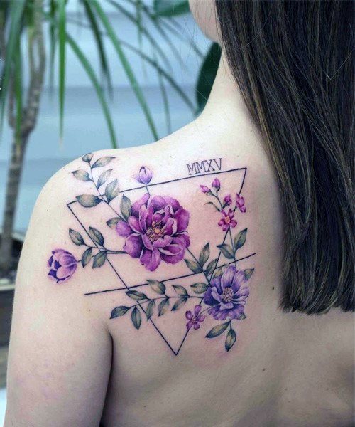 Geometric Lines And Amethsyt Floral Tattoo Womens Back Art