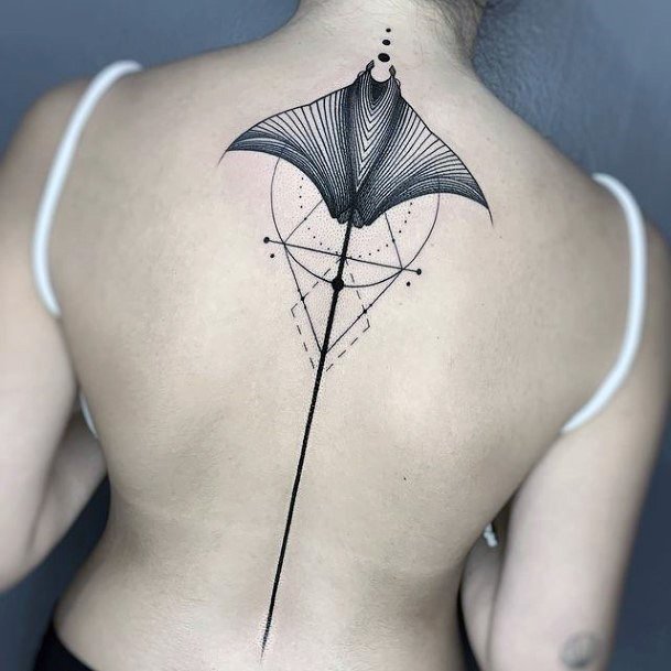 Geometric Lines And Huge Bat Wings Tattoo Womens Back