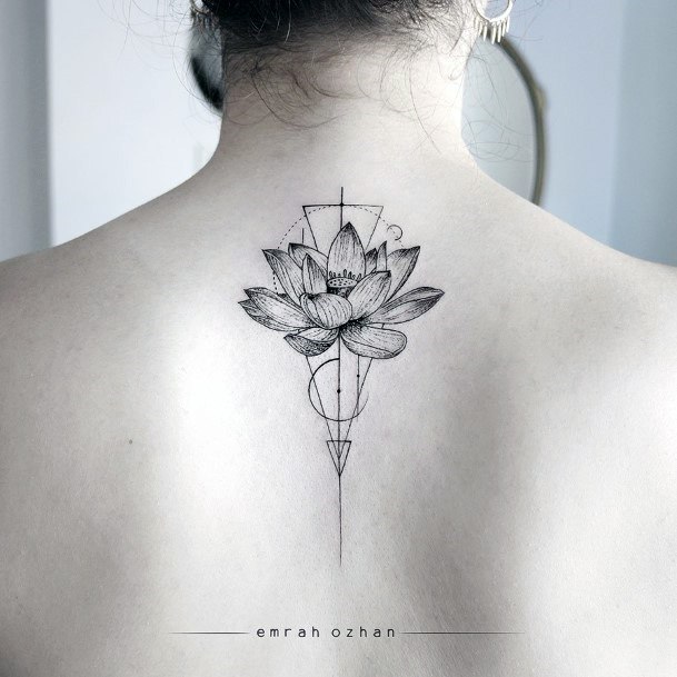 Geometric Lines And Lotus Bloom Tattoo Womens Back