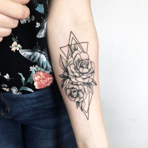 Geometric Lines And Roses Tattoo Women Arms