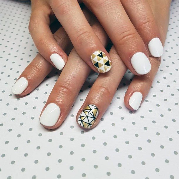 Geometric White And Gold Nails