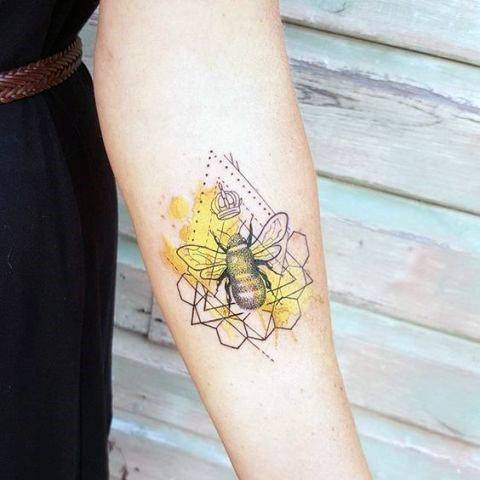 Geometric Yellowed Bee Tattoo For Women