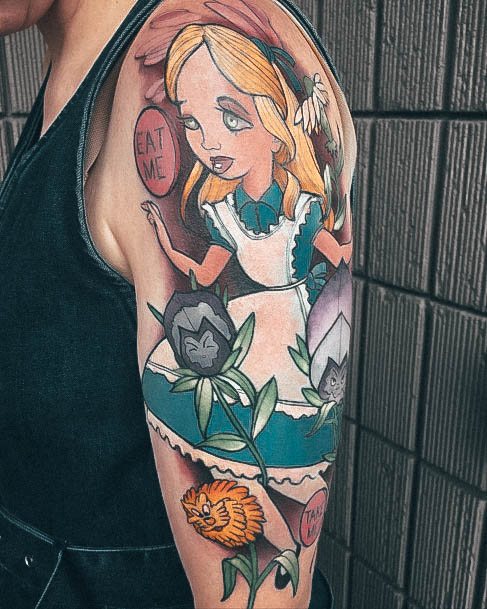 Georgeous Alice In Wonderland Tattoo On Girl