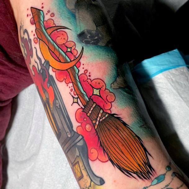 Georgeous Broomstick Tattoo On Girl