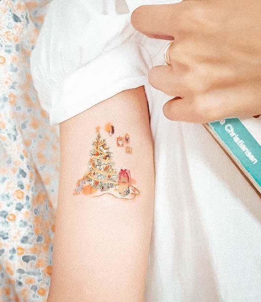 Georgeous Christmas Tree Tattoo On Girl