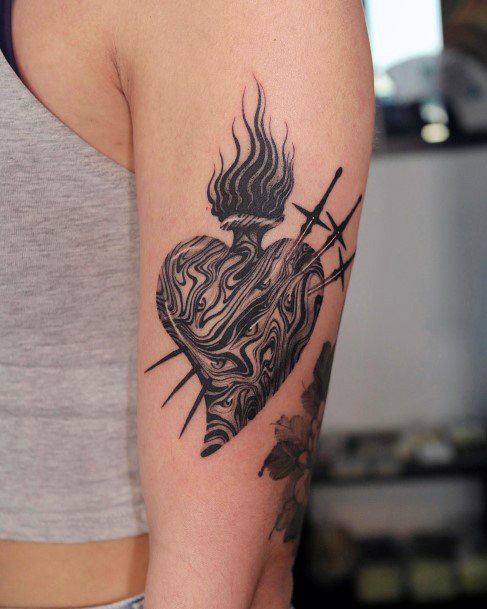 Georgeous Flaming Heart Tattoo On Girl