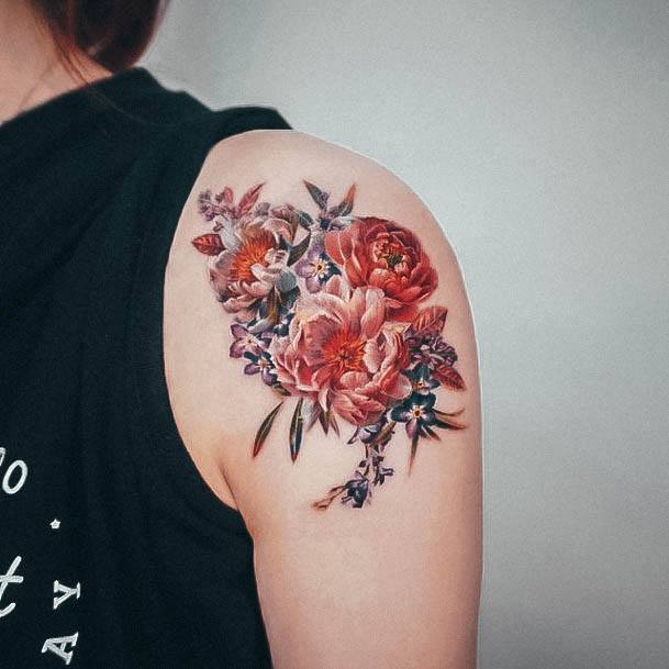 Georgeous Flower Shoulder Tattoo On Girl