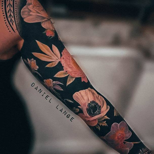 Georgeous Flower Sleeve Tattoo On Girl