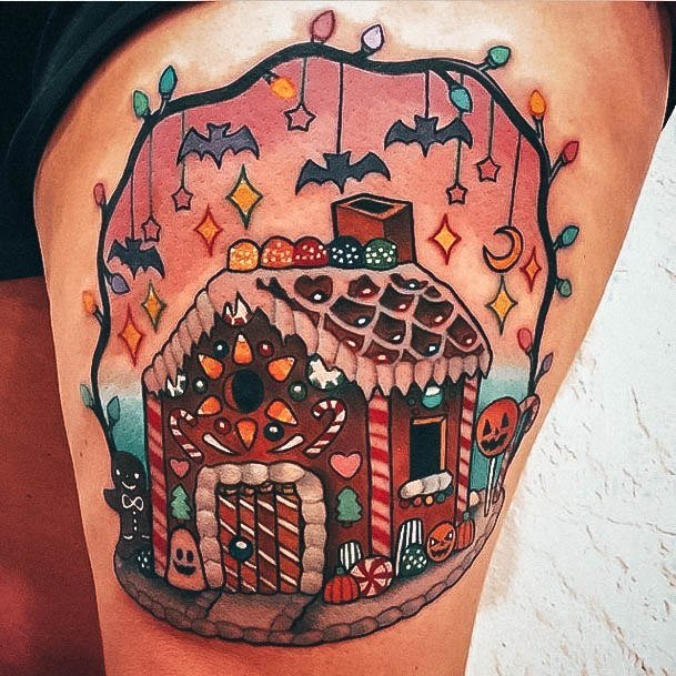 Georgeous Gingerbread House Tattoo On Girl Halloween Themed Candy