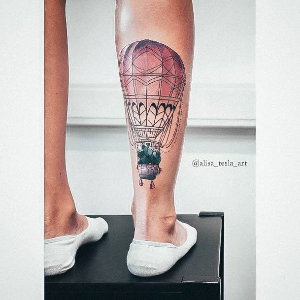 Georgeous Girly Tattoo On Girl Hot Air Ballon Leg Calf