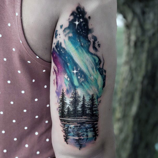 Georgeous Northern Lights Tattoo On Girl