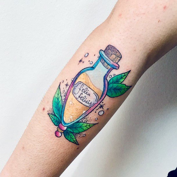 Georgeous Poison Bottle Tattoo On Girl