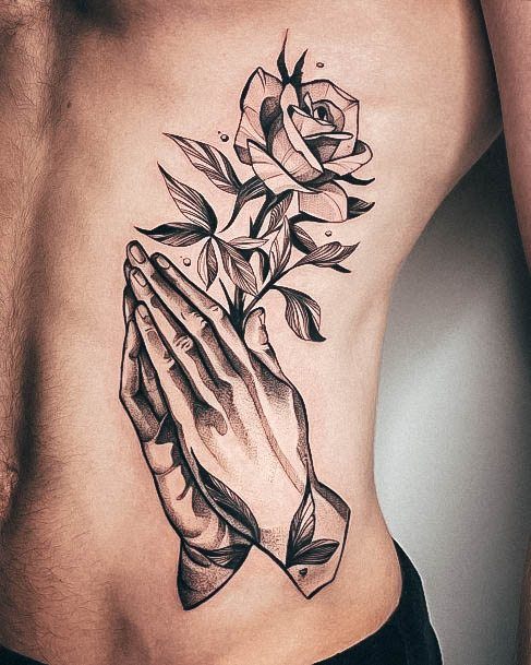 Georgeous Praying Hands Tattoo On Girl Rib Cage Sider With Rose Flower