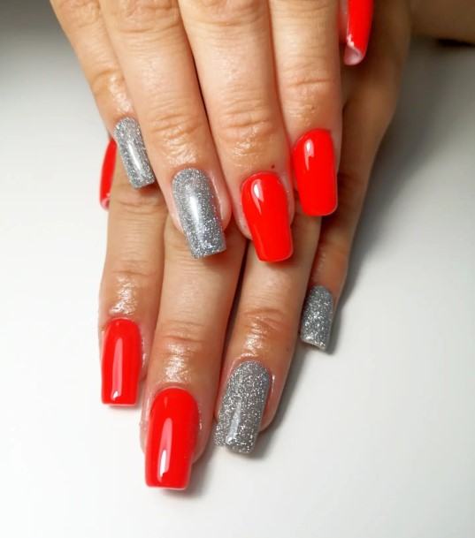 Georgeous Red And Grey Nail On Girl