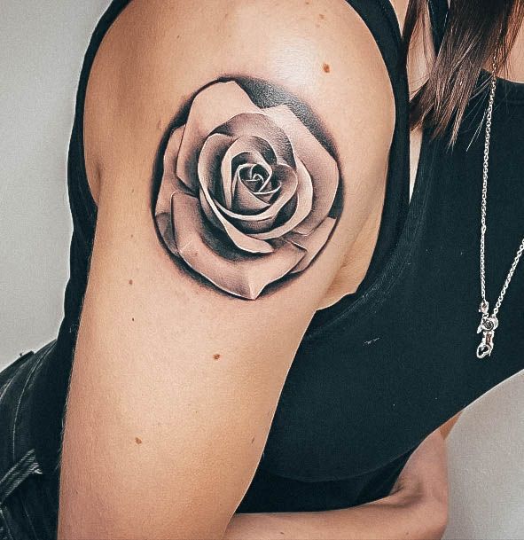 Georgeous Rose Shoulder Tattoo On Girl