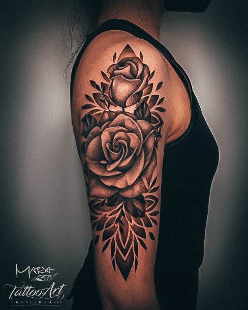 Georgeous Rose Sleeve Tattoo On Girl