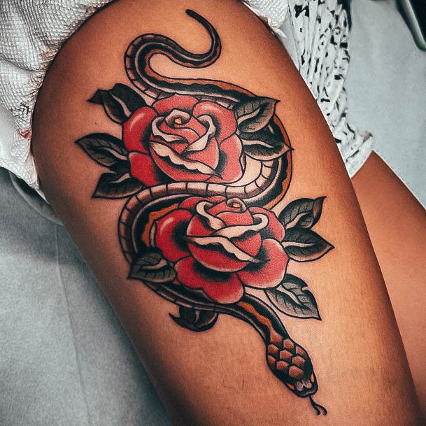 Georgeous Rose Thigh Tattoo On Girl