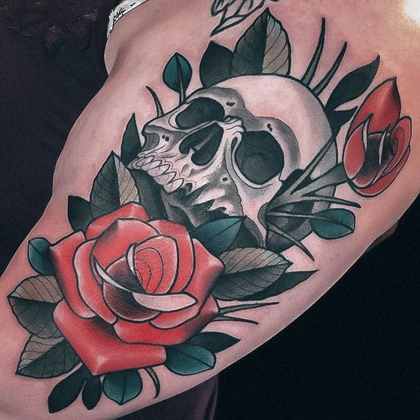 Georgeous Skull And Rose Tattoo On Girl