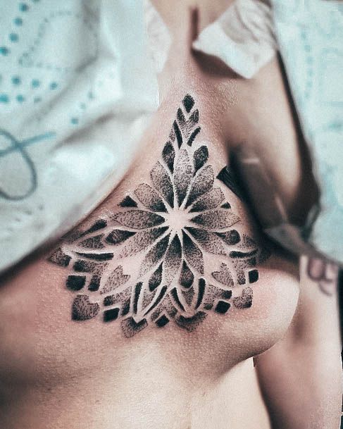 Georgeous Sternum Tattoo On Girl Geometric Dotwork Shaded Black And Grey Ink