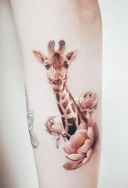 Giraffe Womens Tattoo Designs Animal With Flower Forearm