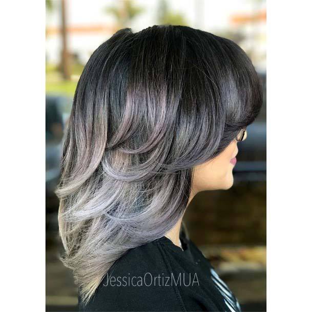 Girl Edgy Color Black To Grey Ombre Layered From Chin To Shoulder