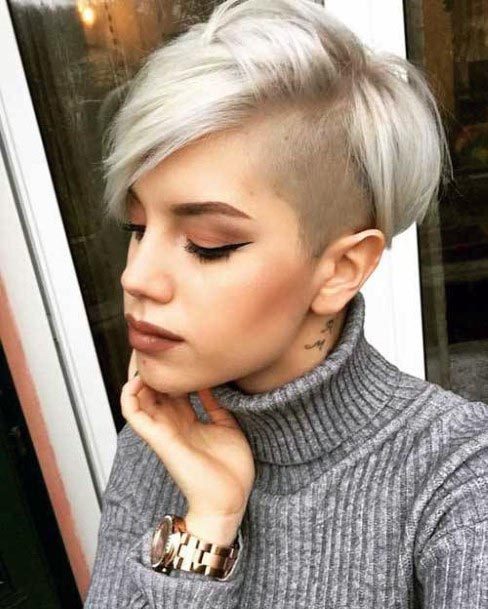 Girl Edgy Hairstyle With Shaved Side And Icy Grey Short Style Long Face