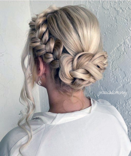Girl Light Blonde With Thick Side Braid Leading Into Braided Bun
