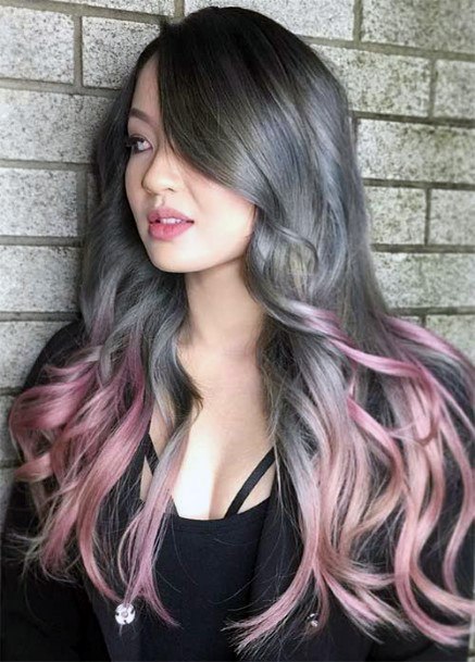 Girl Trendy Ombre Grey To Pink Ends Long Hair