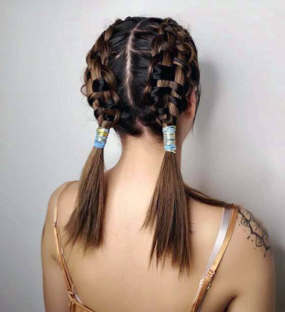 Girl With Brown Shiny Hair Double Dutch Summer Braids