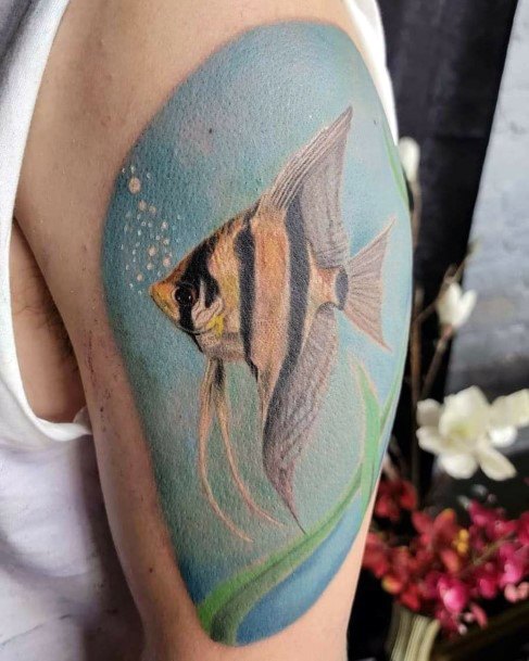 Girl With Darling Angel Fish Tattoo Design