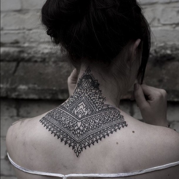 Girl With Darling Back Of Neck Tattoo Design