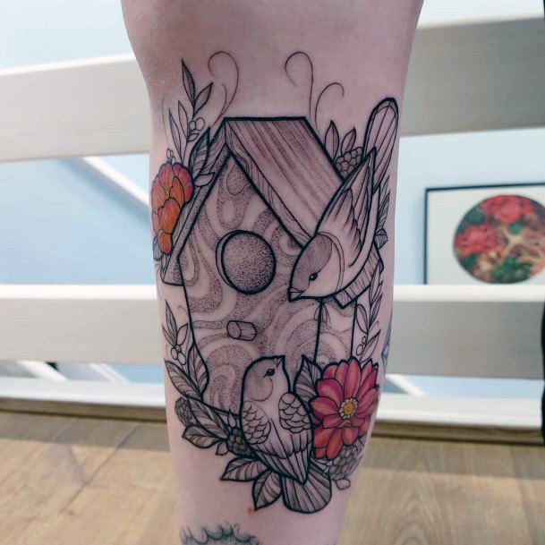 Girl With Darling Birdhouse Tattoo Design