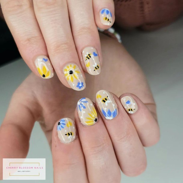 Girl With Darling Blue And Yellow Nail Design