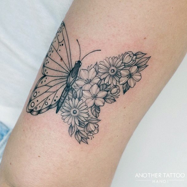 Girl With Darling Butterfly Flower Tattoo Design