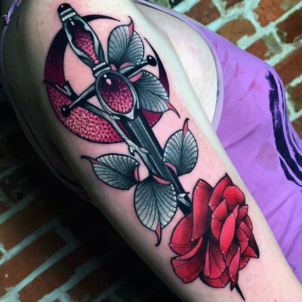 Girl With Darling Dagger Rose Tattoo Design