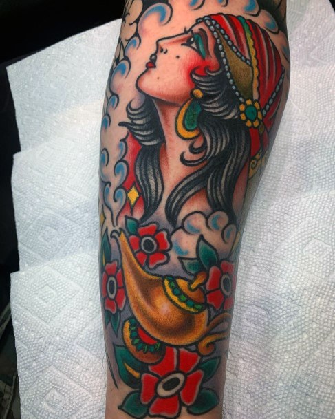 Girl With Darling Genie Lamp Tattoo Design