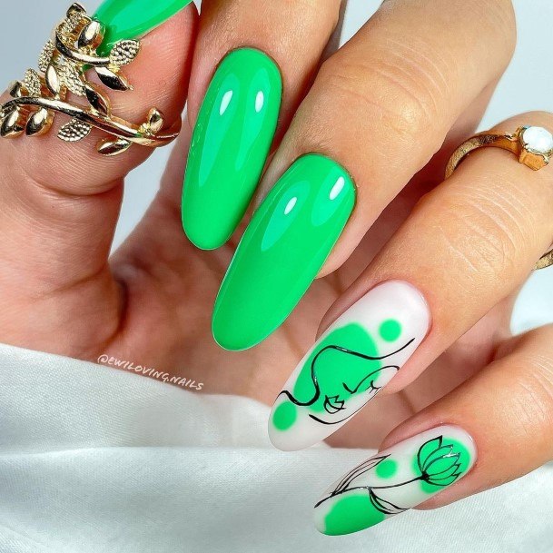 Girl With Darling Green And White Nail Design