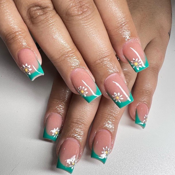 Girl With Darling Green French Tip Nail Design