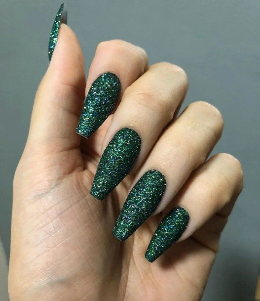 Girl With Darling Green Glitter Nail Design