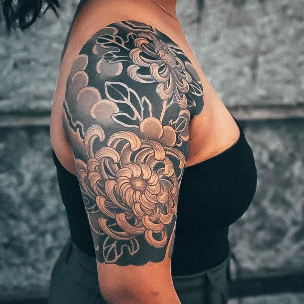 Girl With Darling Japanese Tattoo Design Half Sleeve