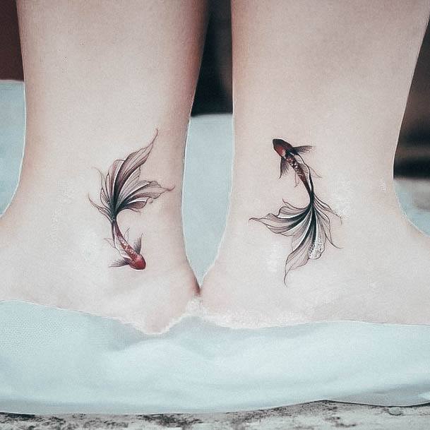 Girl With Darling Koi Fish Tattoo Design Ankles