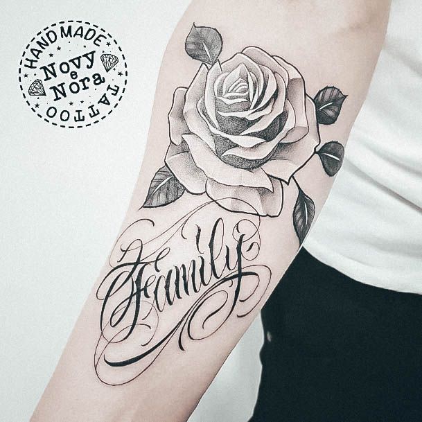 Girl With Darling Lettering Tattoo Design Family Rose Flower