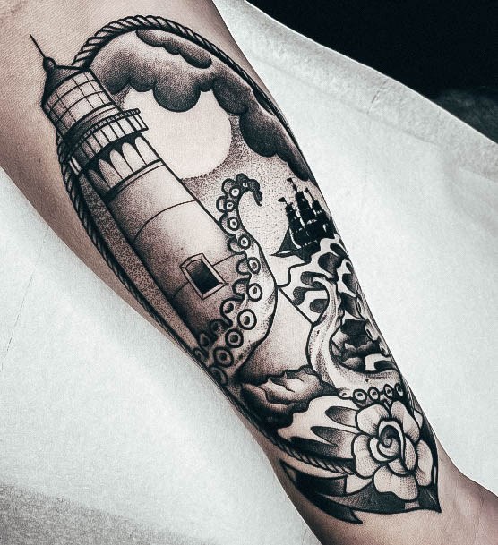 Girl With Darling Lighthouse Tattoo Design