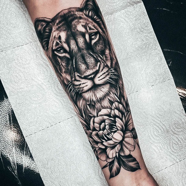 Girl With Darling Lioness Tattoo Design