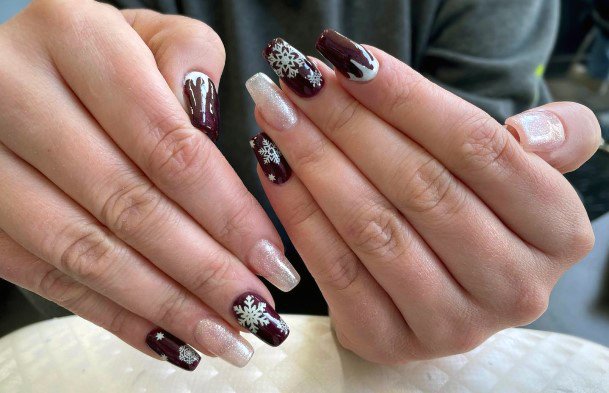 Girl With Darling Maroon And Silver Nail Design