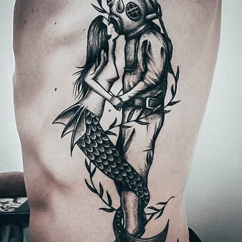 Girl With Darling Mermaid Tattoo Design Ribs