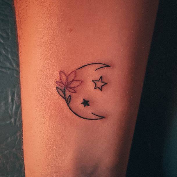 Girl With Darling Moon And Stars Tattoo Design