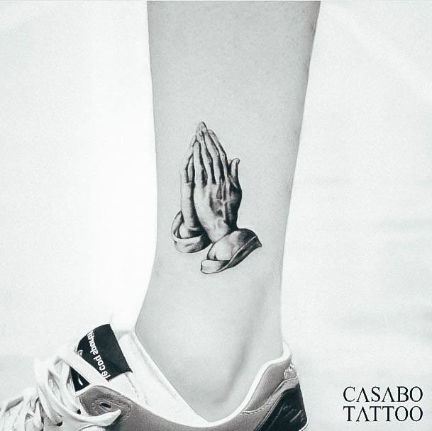 Girl With Darling Praying Hands Tattoo Design Lower Leg